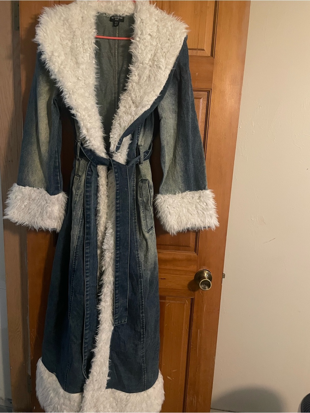 Blue Denim Trench Coat with White Faux Shearling Trim